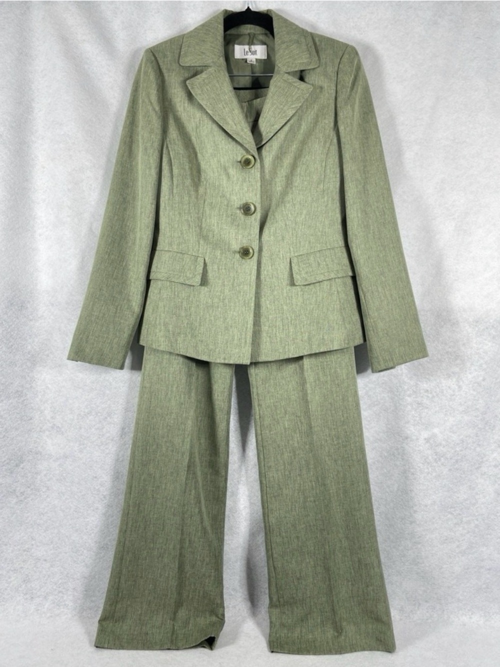 Le Suit 2PC Pants Suit Women's 6 Green Blazer Button Long Sleeves Church Career